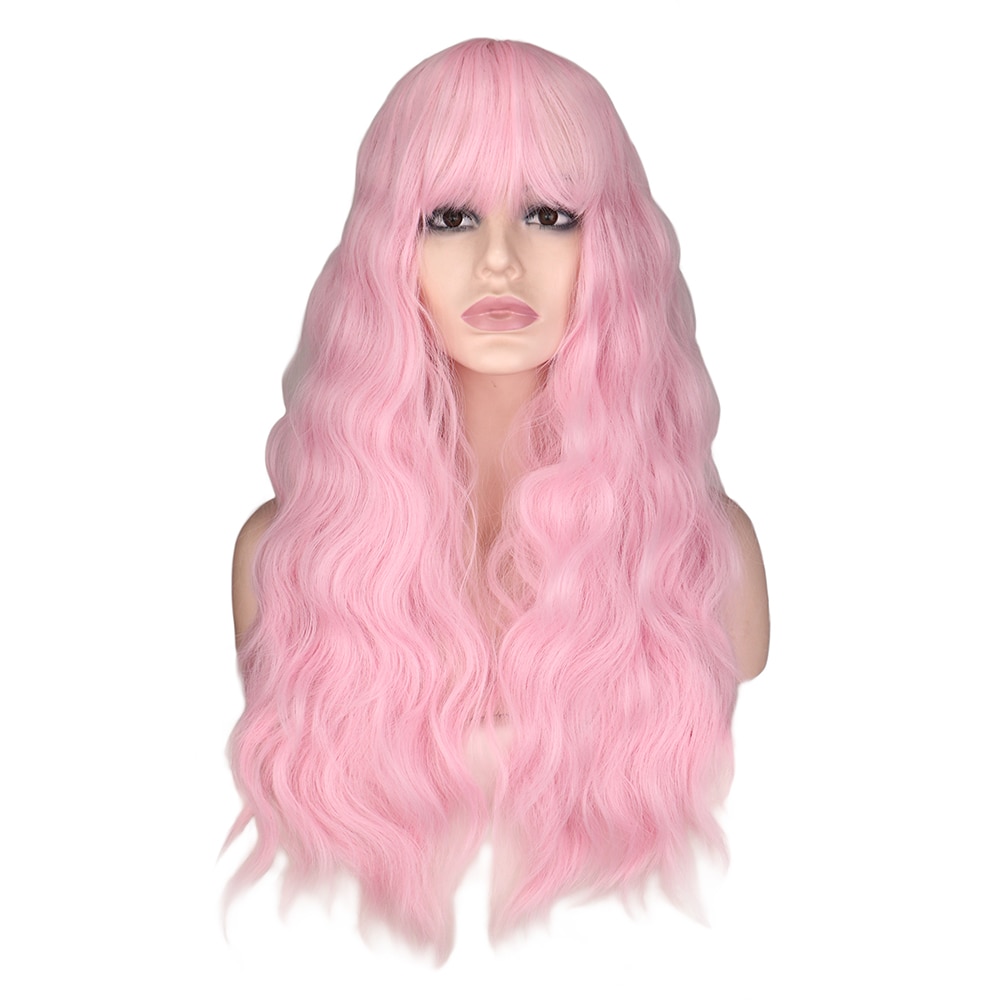Qqxcayw parrucche sintetiche lunghe ricci verdi rosa rosse con frangia parrucca per capelli resistente al calore setosa naturale da donna: leggero rosa