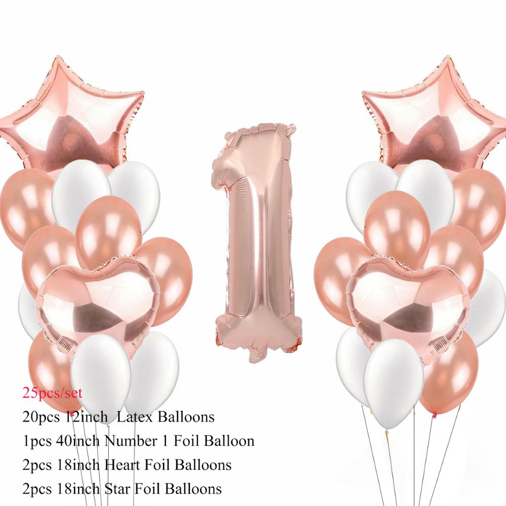 Rose Gold 1st Birthday Balloons Latex Confetti Balloons Number 1 Foil Ballons Baby Boy Girl First One Birthday Party Decorations