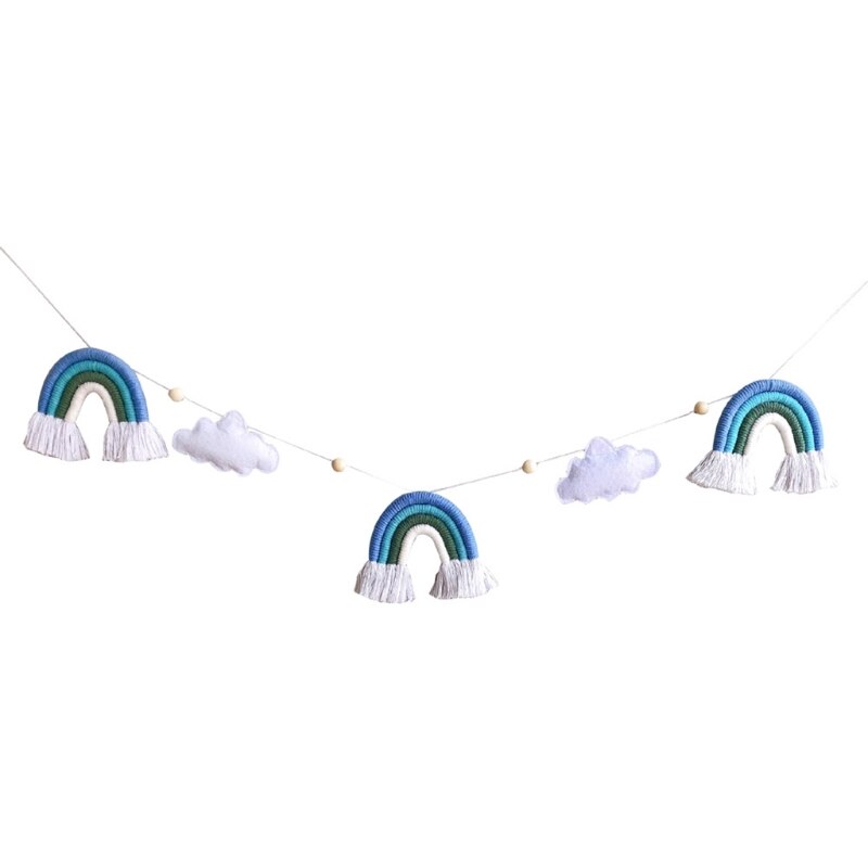 Guirnalda de cuentas de madera nórdica con nube de fieltro, lana de punto, borlas de arcoíris, adorno colgante, accesorios para sesiones fotográficas: 2