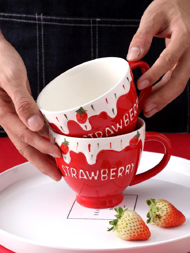 Cute Strawberry Ceramic Bowl Fruit Salad Bowl Yogurt Dessert Bowl Ins Tableware Rice Bowl Single Oatmeal Breakfast Bowl