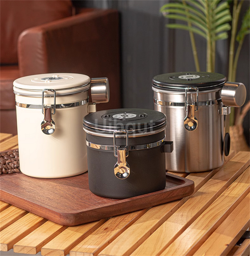 Stainless Steel Coffee Canister Coffee Bean Storage Airtight Containers with Date with Spoon Vent Valve Kitchen Food Storage Jar