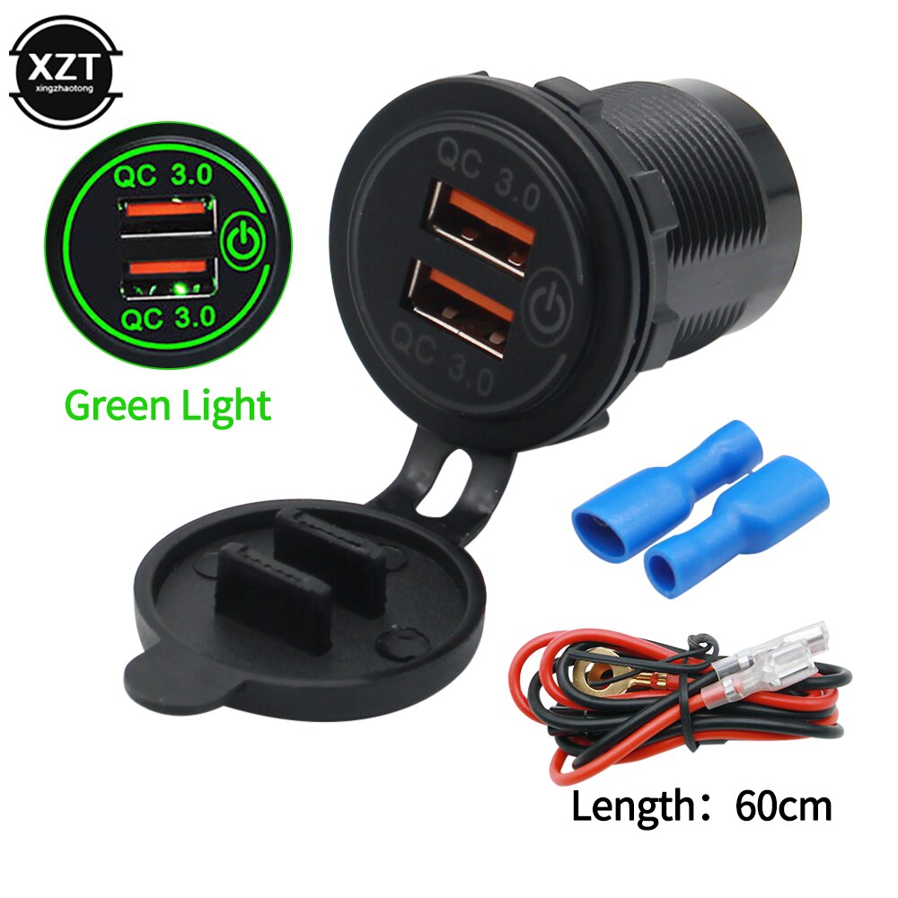 12v/24v 36w qc 3.0 2 usb lader stikkontakt berøringsbryter vanntett universal bil truck lade sokkel for telefon nettbrett kamera gps: Grønn  w 60cm kabel