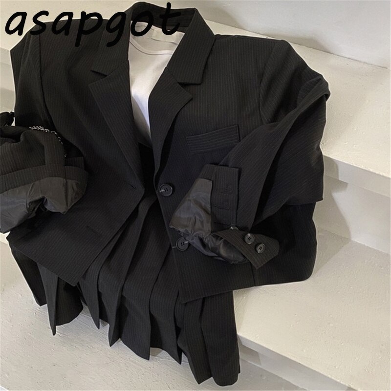 Blazer negro y trajes de falda para mujer, traje de manga larga con solapa a rayas, chaqueta, Falda plisada a la , conjunto de 2 piezas