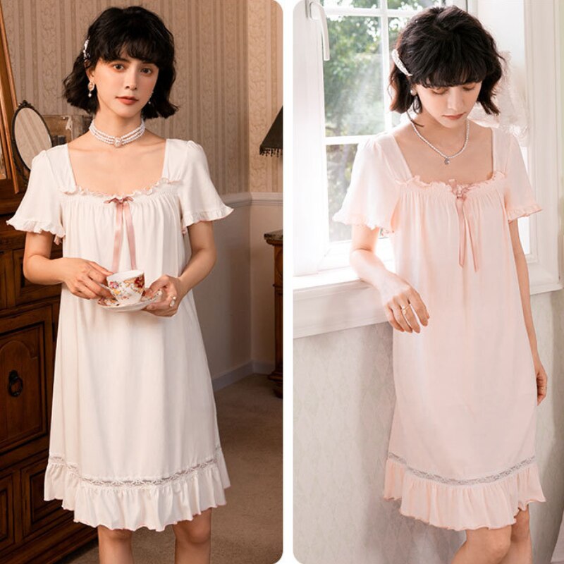 Women Vintage Nightgowns Nighty Cotton Viscose Lace Splice Peignoir Sleepwear White Pink Retro Victorian Night Dress Nightwear