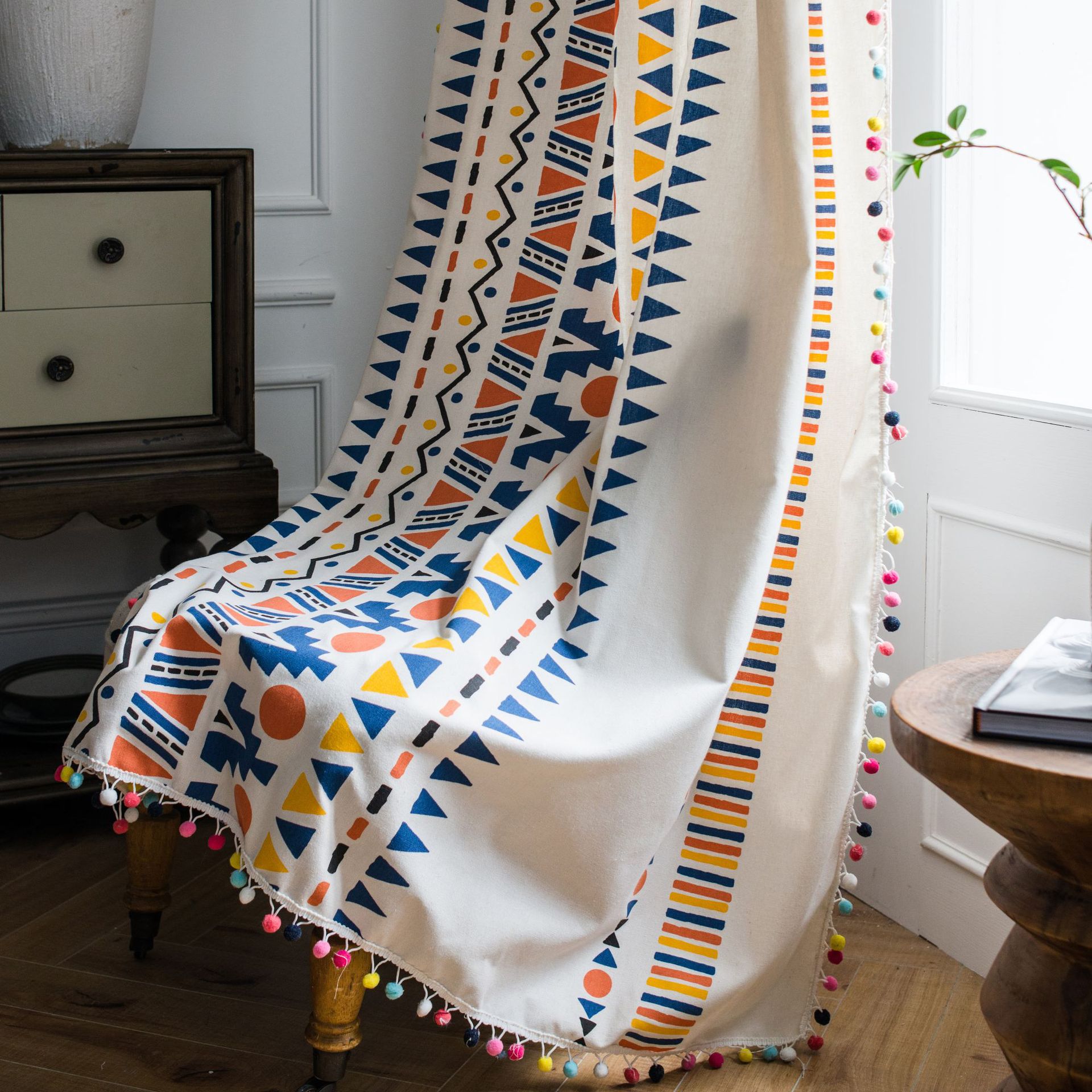 Bohemien gordijnen voor woonkamer slaapkamer katoenen linnen gordijn met pompon amerikaanse gordijnen geometrische raamdecoratie jaloezieën: W150 x h240cm / Trek geplooide tape
