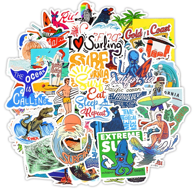 50 Uds verano pegatina de Surf playa de Graffiti Surf pegatinas DIY para tabla de Surf portátil equipaje bicicleta de la tableta de la botella de agua