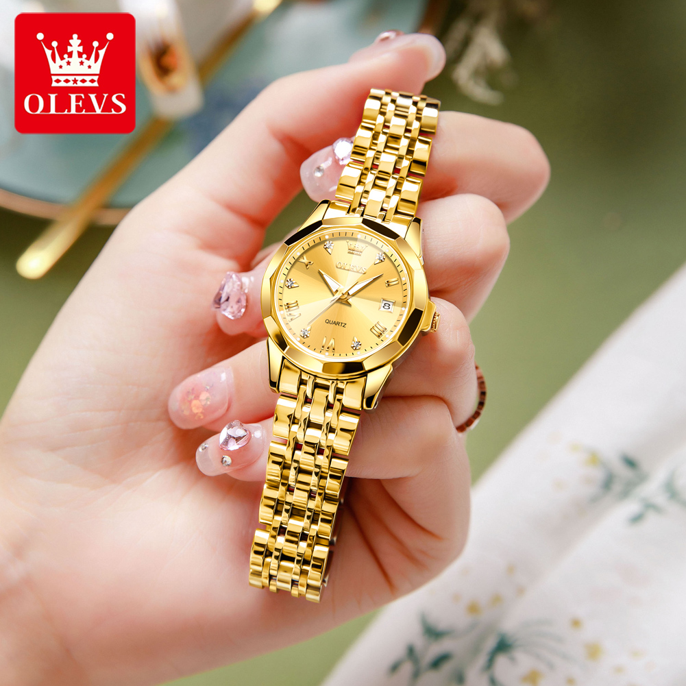 OLEVS-Reloj dorado de lujo para mujer, pulsera de acero inoxidable, , de cuarzo con rombos, resistente al agua