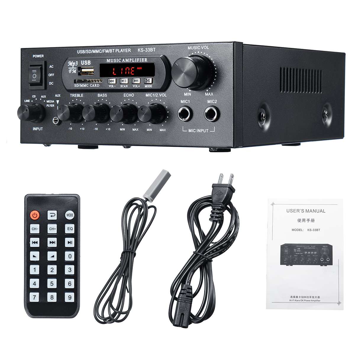 110V-220V 1000W Digital Display Hifi Power Amplifier Audio Bluetooth Amplifier 2 Channel FM USB SD Remote Control Mic Support