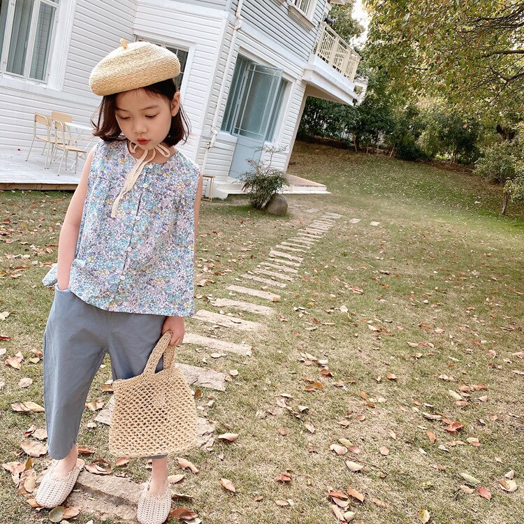 Klassisk blomstret cool og sød ærmeløs pigeskjorte vest blonde top pigebluser: Blå / 5t
