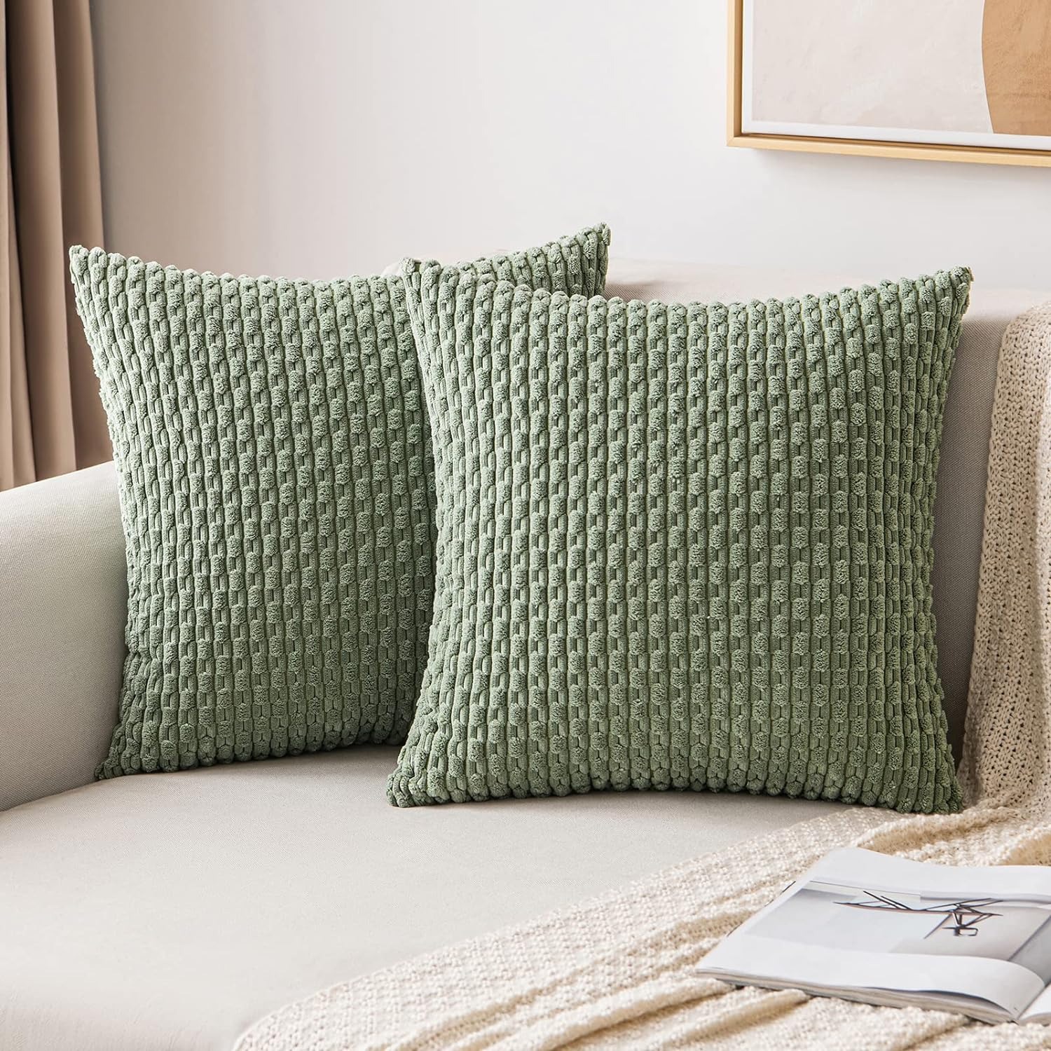Housse de coussin rayée taies d'oreiller en velours côtelé vert oreillers décoratifs pour canapé 18x18 pouces jeter oreiller ferme décor à la maison 1 pièces: WHITE / 50x50cm