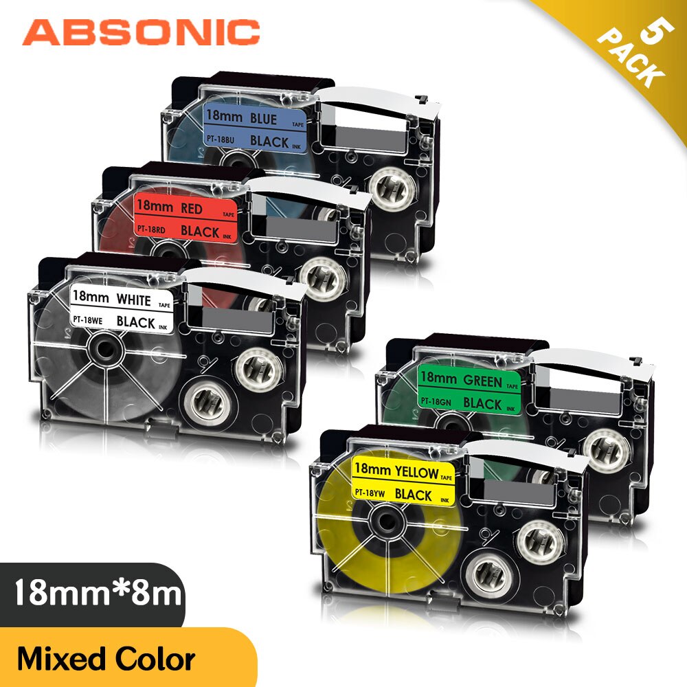 Mixed Color 3/4" Labels For CASIO XR-18WE XR-18RD XR-18BU XR-18YW XR-18GN Label Tape 18mm For CASIO KL-130 KL-120 KL-430 Labeler: 5PK Mixed Color