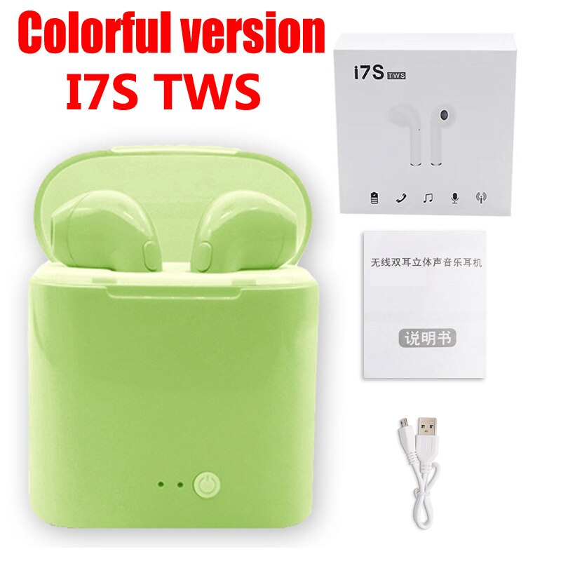 Wpaier-auriculares I7S TWS con Bluetooth, auriculares inalámbricos portátiles con cargador, auriculares universales I7 mini: I7STWS Colorfu GREEN