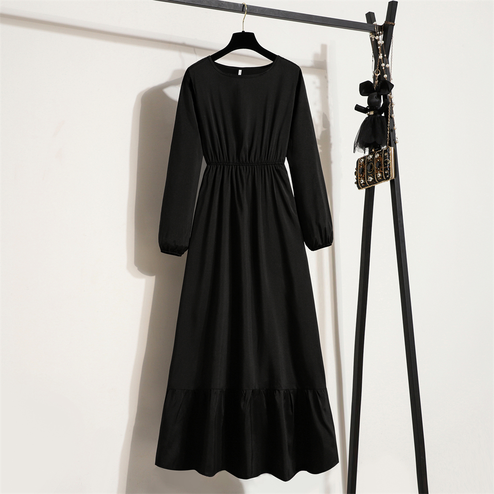 Women Long Dress Spring Autumn Mujer Vestidos Solid Full Sleeve O-neck Casual Chiffon Dresses Muslim Solid Loose Maxi Dresses: S / black