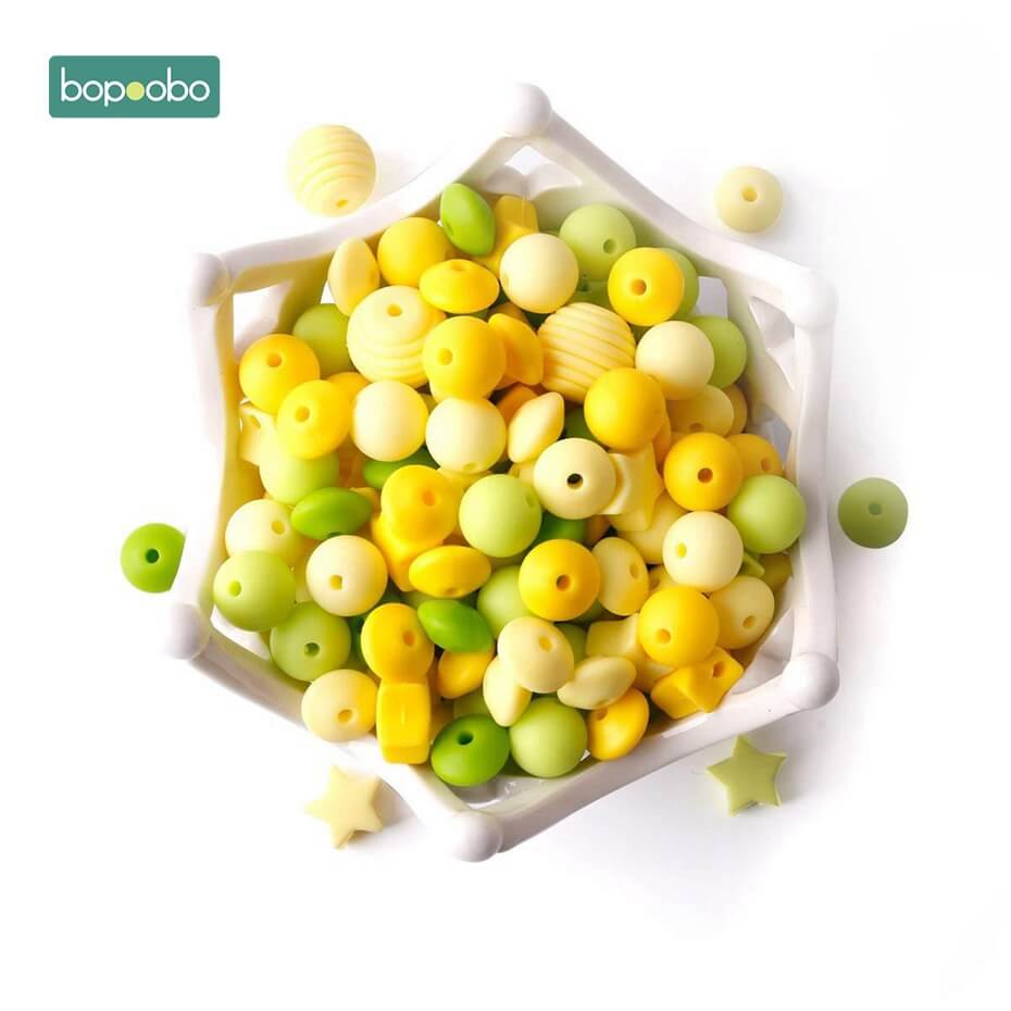 Bopoobo-accessoire de dentition en Silicone | Perles pour bébé, sans BPA, jouet mordre, bonne , bricolage, fabrication de collier, 100 pièces: Yellow Beads