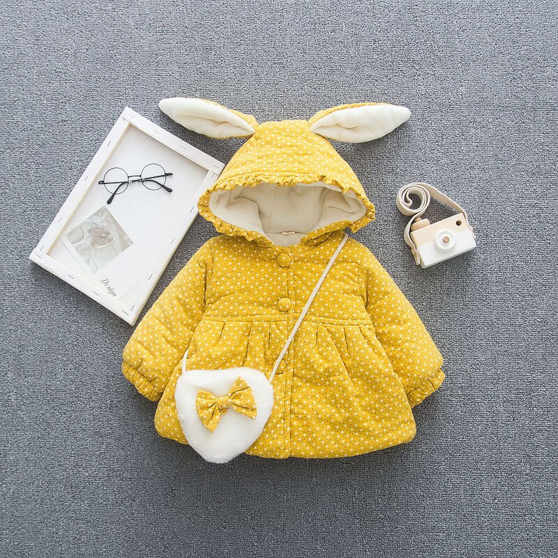 Abrigo con capucha de dibujos animados para niña con bolsa de amor, abrigo grueso de invierno para niños que mantienen el calor, Chaqueta de algodón para otoño para niñas: yellow / 3T