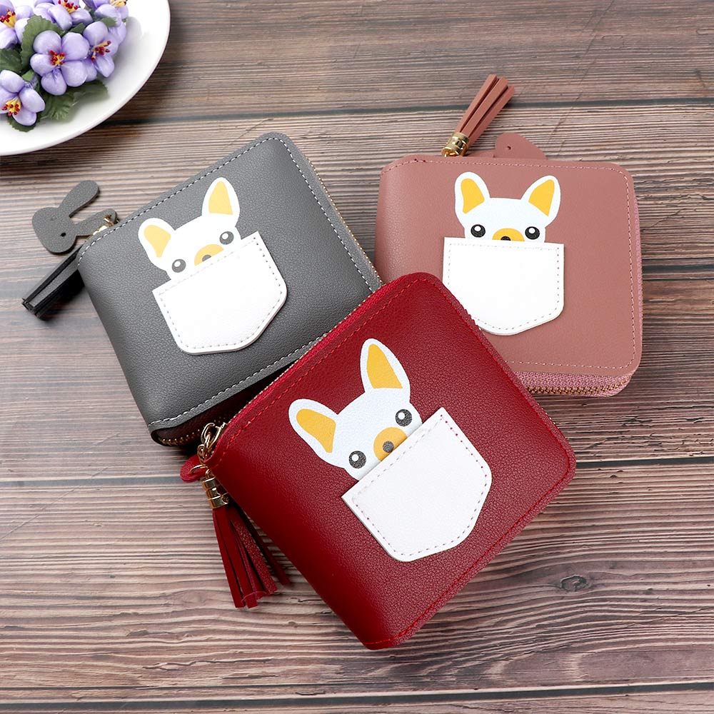 Korte kwastjes dames portemonnees schattige kleine portemonnee cartoon hond dier korte portemonnee met rits rond dames clutch kaarthouder