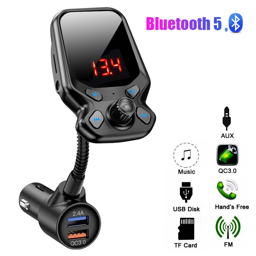 Bluetooth-compatible 5.0 Wireless Handsfree Car Kit with QC 3.0 Dual USB Car Charger Car MP3 Audio AUX Player FM Transmitter