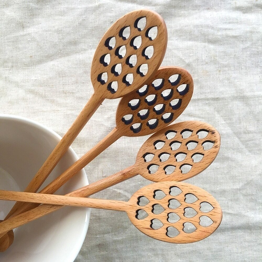 1Pc Wood Honey Dipper Sever Mixing Stick Spoon Honeycomb Heart Pattern Wood Honey Spoon