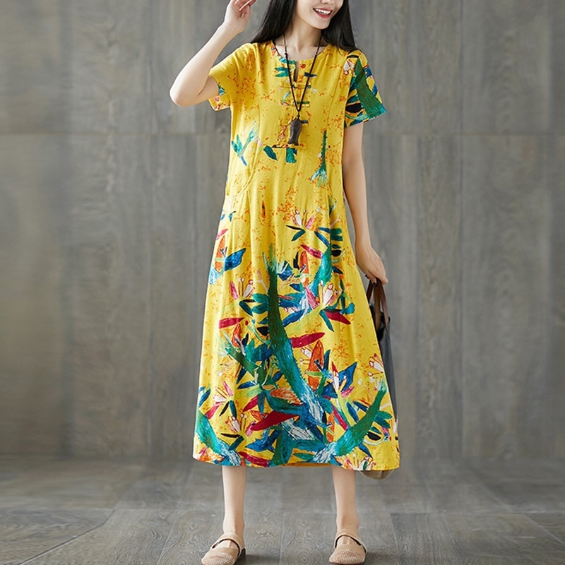 Etniske kjoler sommerkjole vintage femme kortærmet lang kjole print folklore retro vestido kjole i kinesisk stil  ta1646: 1 / Xxxl