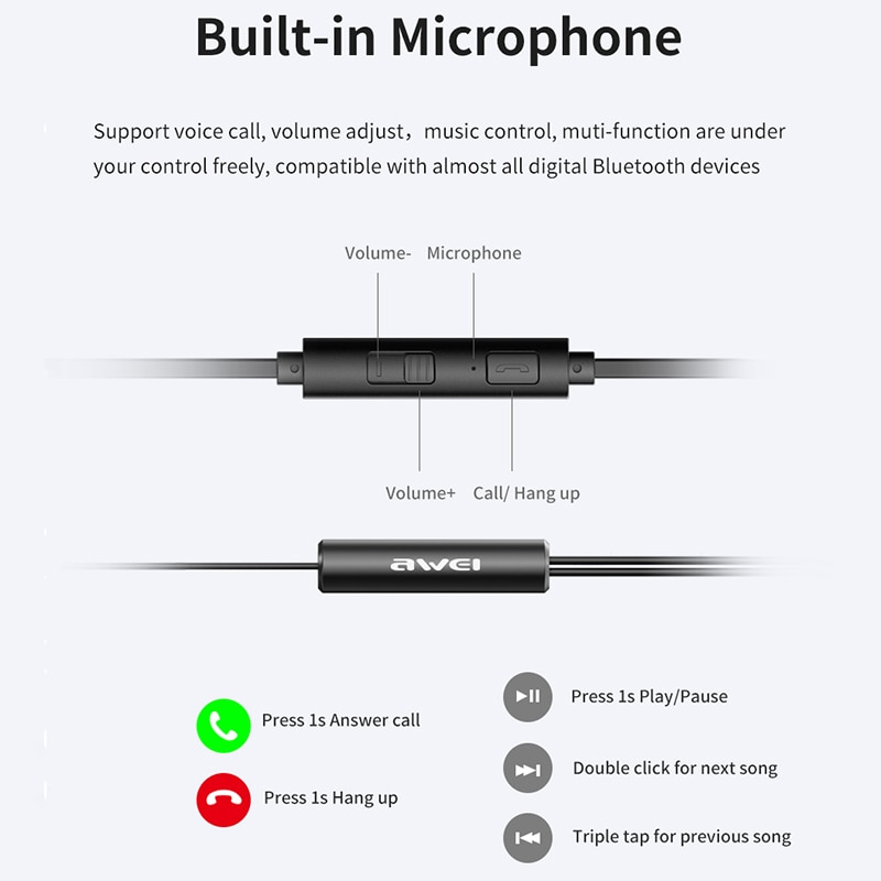 Awei  z1 sport bekabelde headset met microfoon stereo in-ear muziek oordopjes 3.5mm l buigende vier dynamische headset voor telefoon oordopjes