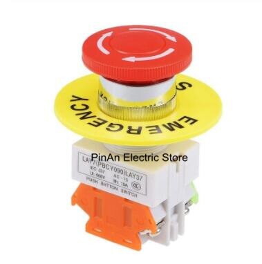 22mm Mushroom Latching Emergency Stop Push Button Switch Red With Waterproof Cover 1NO 1NC