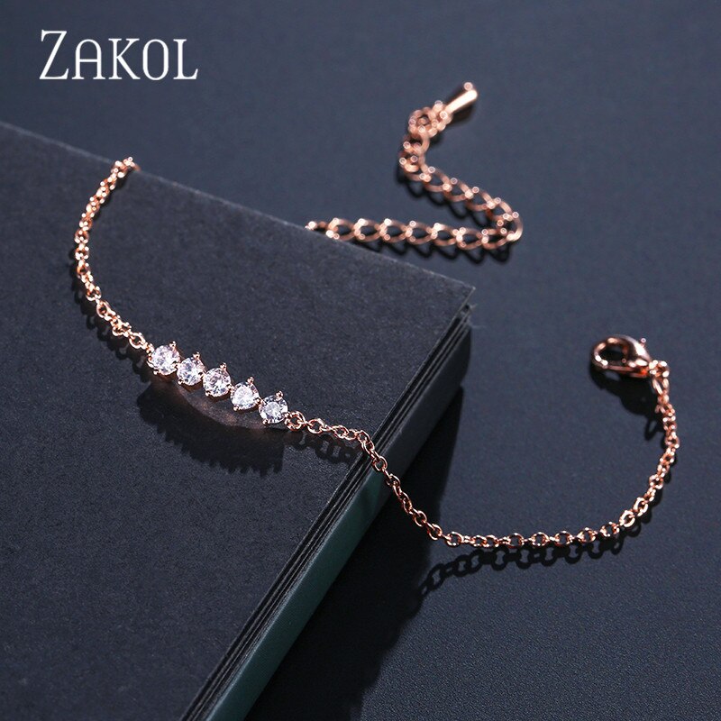 ZAKOL Round Micro Mosaic Cubic Zirconia Rose Gold Color Tennis Bracelet Jewelry Crystal FSBP2043