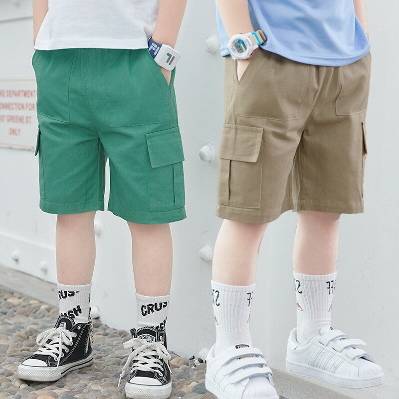 Pantalon Cargo décontracté en coton pour garçon, avec poches, couleur unie, taille élastique, longueur aux genoux, été 2022