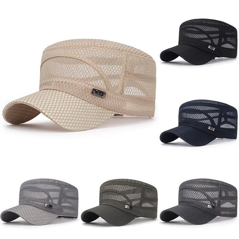 Unisex zomer platte pet dames heren ademend mesh hoed effen kleur buiten vissen sport zonnehoed casual zonnebrandcrème petten hoofdbedekking