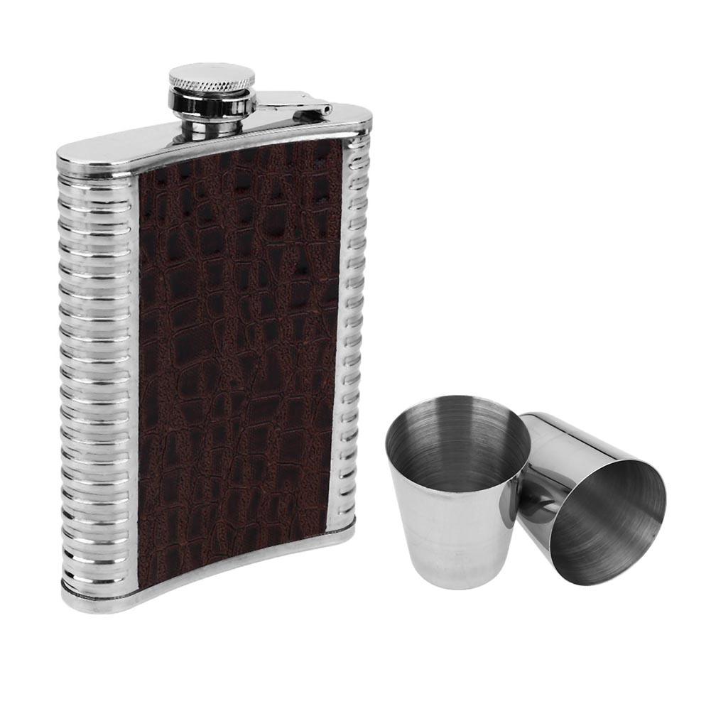 8oz Leather Stainless Steel Hip Flask Set Whiskey Flagon with 1 Funnel 2 Cups Box Flask Drinkware