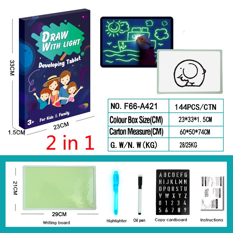 Kids 3D Magic Drawing Pad Fluorescent Puzzle Luminous Magical Writing Pad 3D Luminous Drawing Board for: English Blue 2 in 1