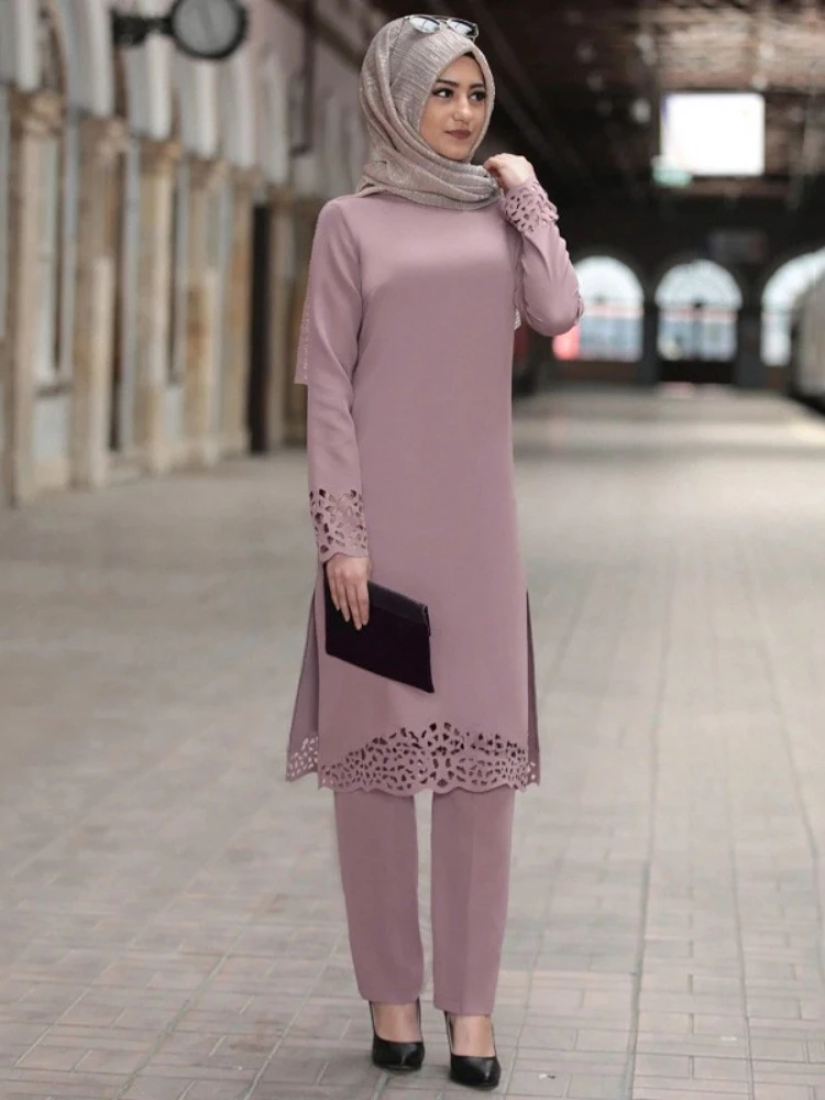 M -4xl todelte sæt toppe og bukser kvinder kalkun muslimsk abaya split kjoler ramadan marokkansk kaftan islamisk tøj