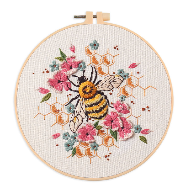 Borduurpakket met bijen en bloemen, geschikt voor beginners, met engelse instructies.: 20*20cm / Groente