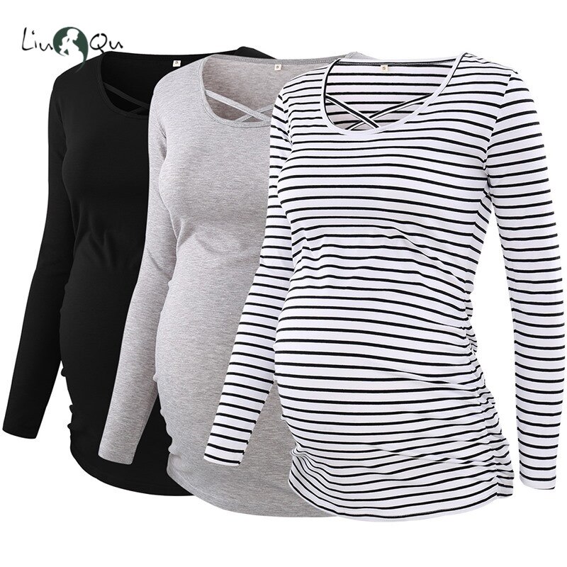 3 pakke save mama gravid top gravide tøj side rynket o hals kryds langærmet graviditet bluser dame afslappet tøj