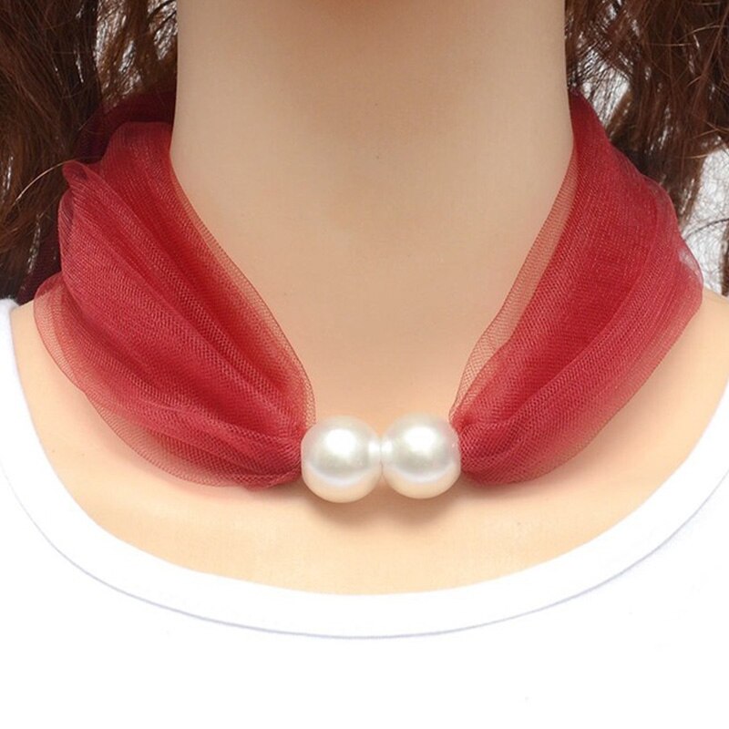 Spring Net Yarn Pearl Scarf Necklace Women Choker Party Jewelry Pure Color Scarf Necklaces: Burgundy