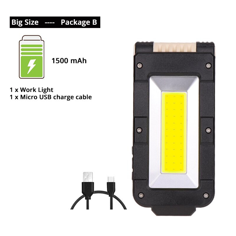 Luz de trabajo COB recargable USB linterna LED portátil Ajuste de 180 grados inferior con magnético adecuado para acampar: Big Size-Package B