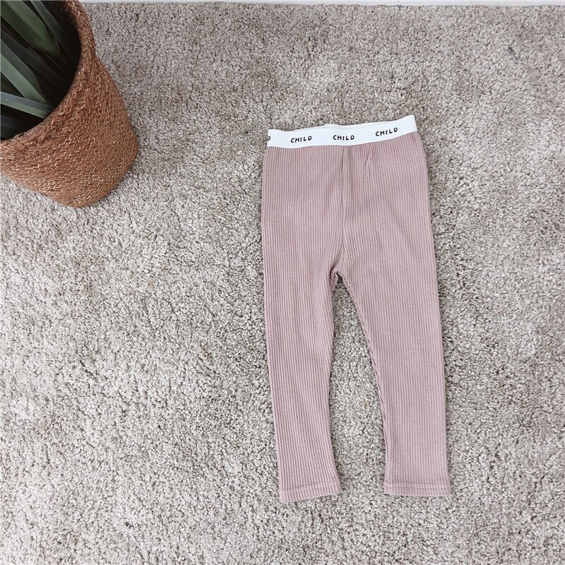 Lente jongens en meisjes snoepkleurige elastische taille gebreide broek kinderleggings broek met letter taille broek: Lichtpaars / 24m