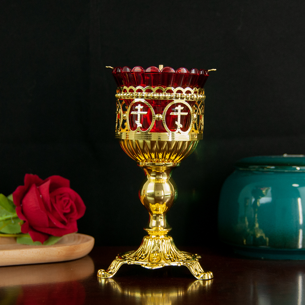 Candelabro de iglesia ortodoxa, suministros rituales religiosos, puede contener velas o aceite sagrado para quemar, con soportes para mechas: Dorado
