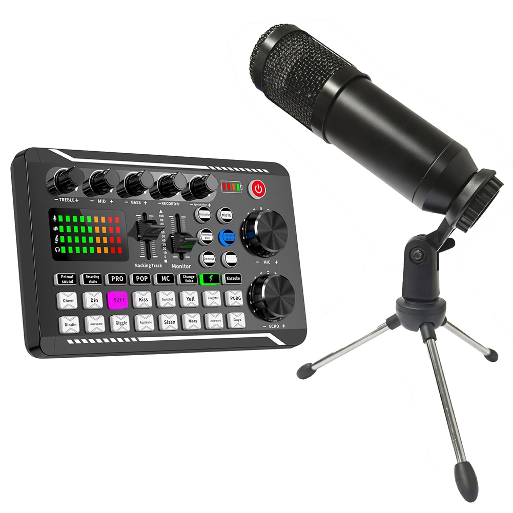 F998 Bluetooth-Compatible Sound Card Studio Record Phone Live Audio Mixer Colorful Multi-Function Live Singing Equipment