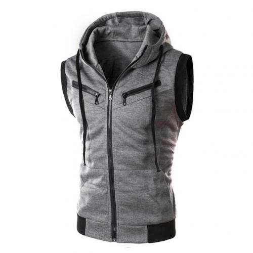 men's monochromatic hooded vest zipper pocket sleeveless vest jacket: Dark Gray / XXL