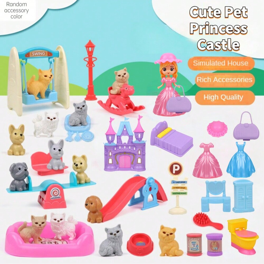 Cute Dog/Bear Pet Basket Family Toys, Dog Cage and Scene Playing Toys, Doll Play House Set - Imaginative Pretend Play Experience