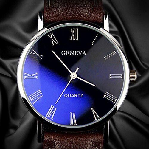 Männer Uhr Römischen Ziffern Blu-Strahl Faux Leder Band Quarz Analog Geschäft Armbanduhr
