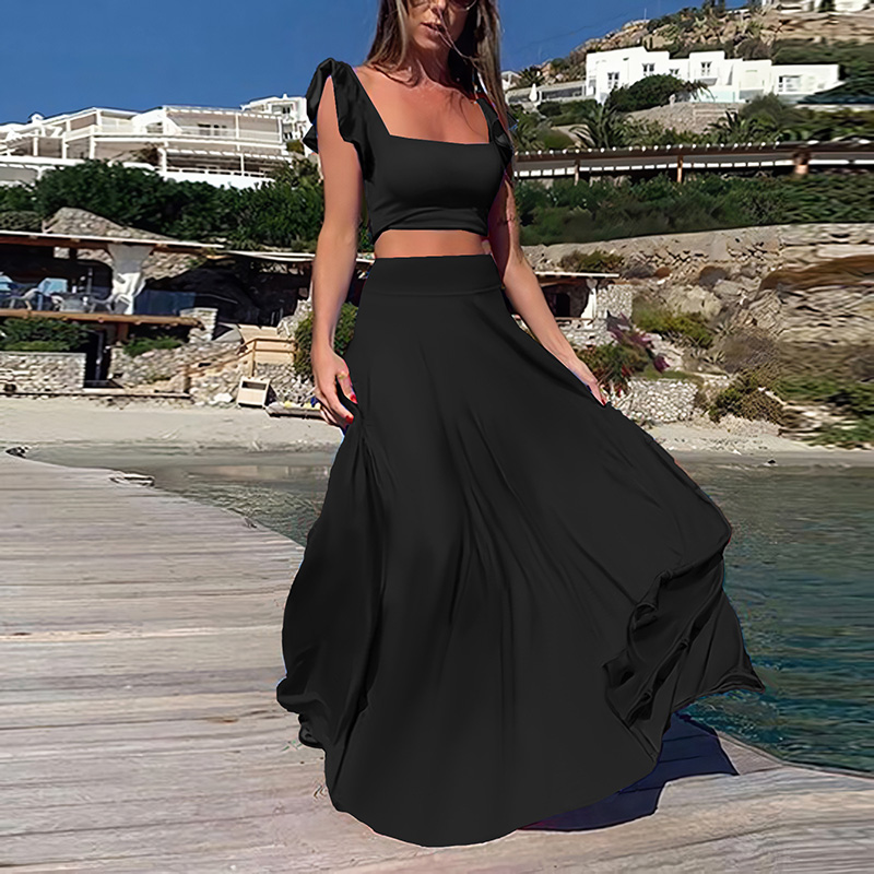 Square Neck Sling Tops & Long Skirts Sets Women Casual Sleeveless Pleated 2Pc Outfits Ruffled Solid Party Suits: XXL / black