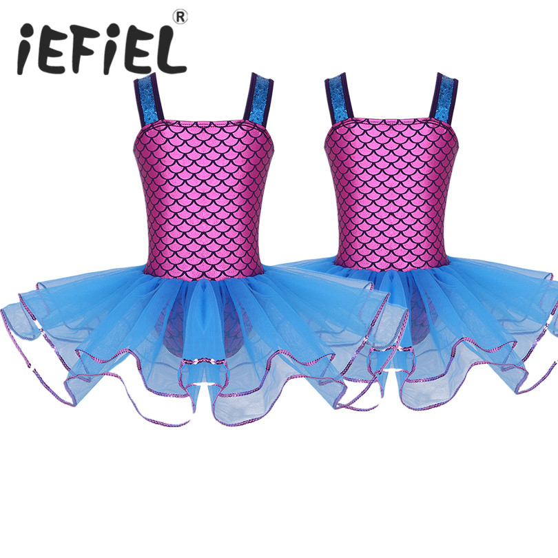 Mädchen Pailletten Meerjungfrau Kostüm Lyrical Ballerina für Kinder Teen Scales Gedruckt Ballett Dance Gymnastik Trikot Tutu Durchführen Kleid
