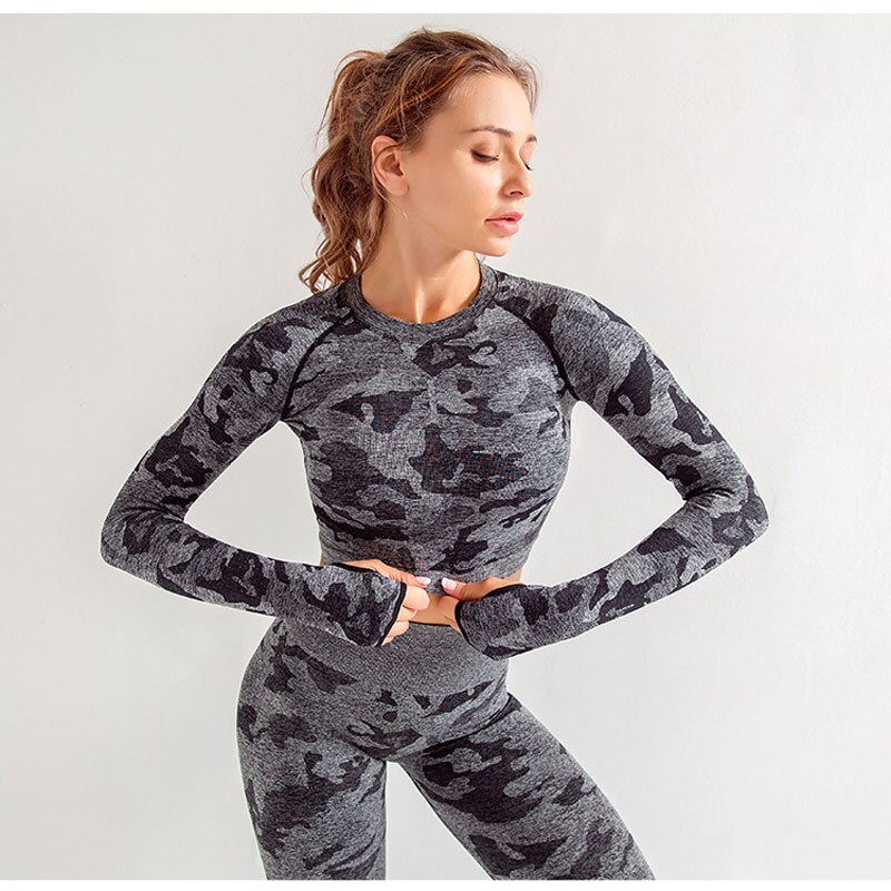 3 Kleur Yoga Shirts Camouflage Uitgeholde Ademend Snel Droog Sport T-shirt Vrouw Fitness Met Lange Mouwen workout Top: Donkergrijs / M