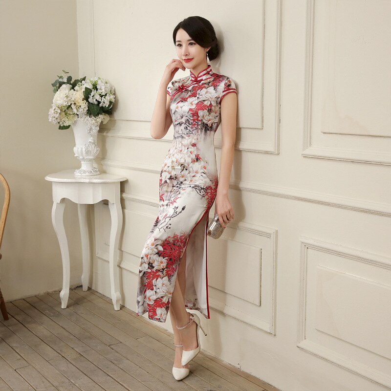 Lange cheongsam retro verbeterd temperament slank chinees kostuum qipao chinese dame lange zijden avondjurk
