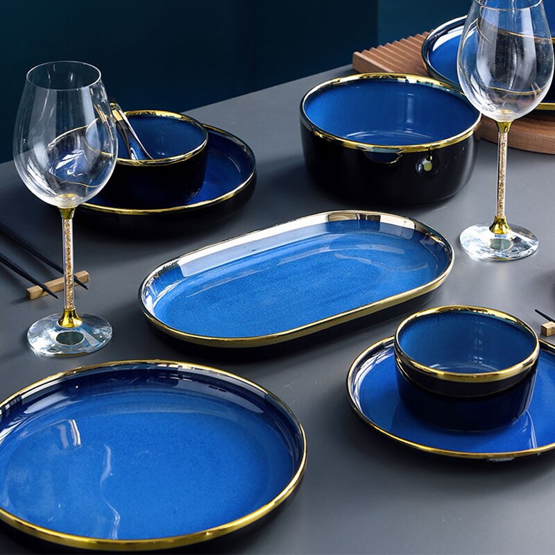 Service de vaisselle en céramique bleue, vaisselle de luxe, bordure dorée, porcelaine, assiettes, salade, nouilles, bol pour Restaurant