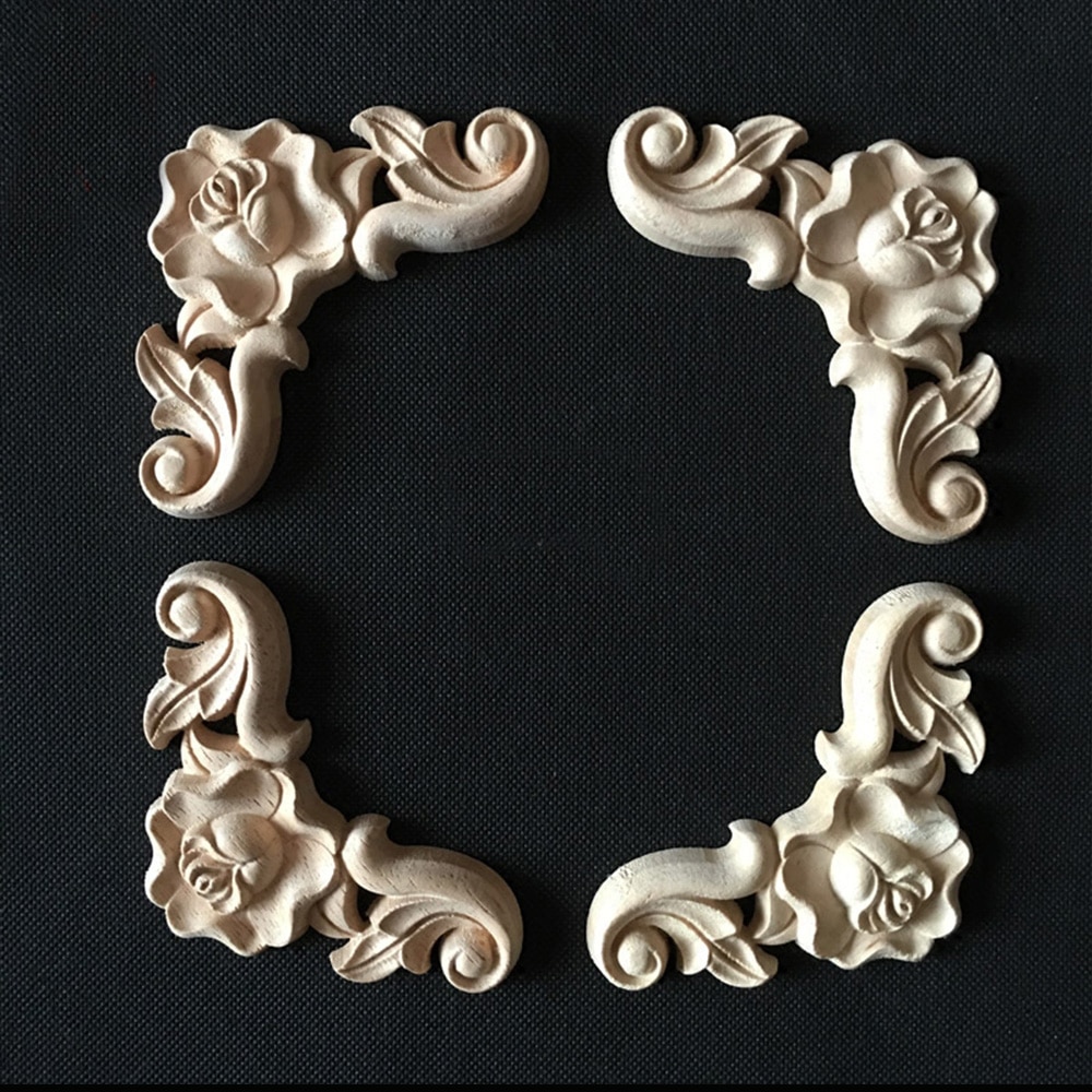 Onlay mur de meuble non peint | Coin en bois sculpté, cadre non peint pour porte de meuble, décoration de meubles 1/2/4 pièces