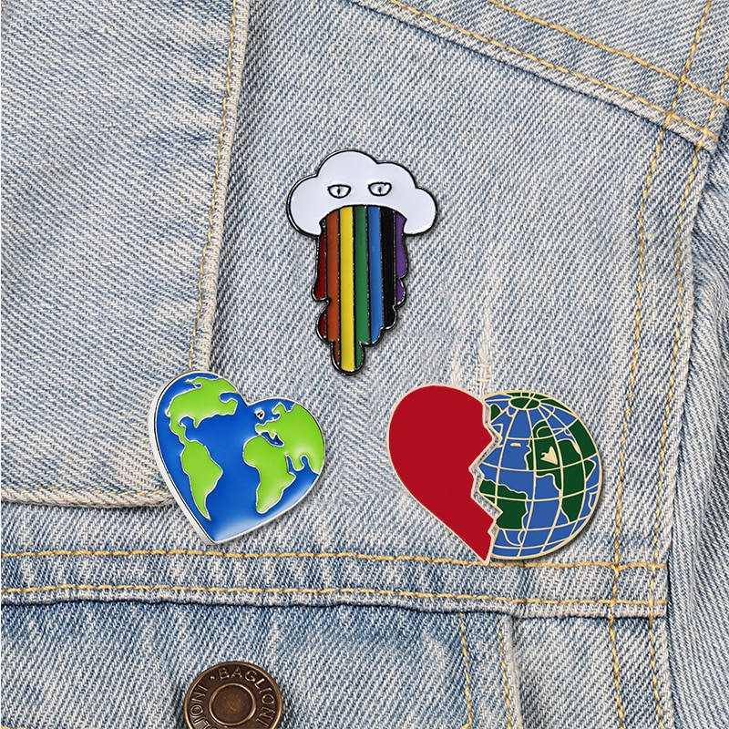 Pflege Erde Grün Broschen Nähte Gebrochen Herz Erde Regenbogen Wolke Emaille Stift Kragen Etikett Stifte Umwelt Abzeichen Schmuck