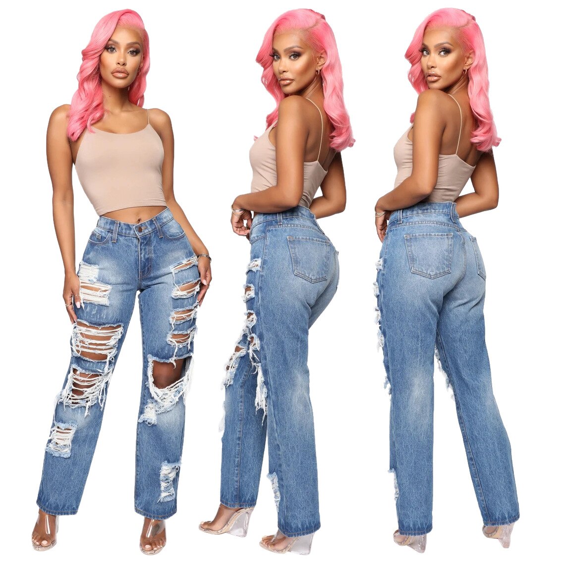 CM.YAYA-pantalon Denim ajouré pour femme, rétro délavé, pantalon Sexy déchiré, Skinny, taille haute, pour femmes: M