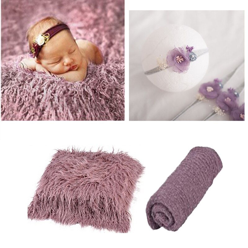 3 Stck neugeboren Fotografie Requisiten Outfits Baby strecken wickeln Swaddle lang Haar Decken Teppich Foto Matte mit Stirnbänder Pro Kleinkind: Lavendel